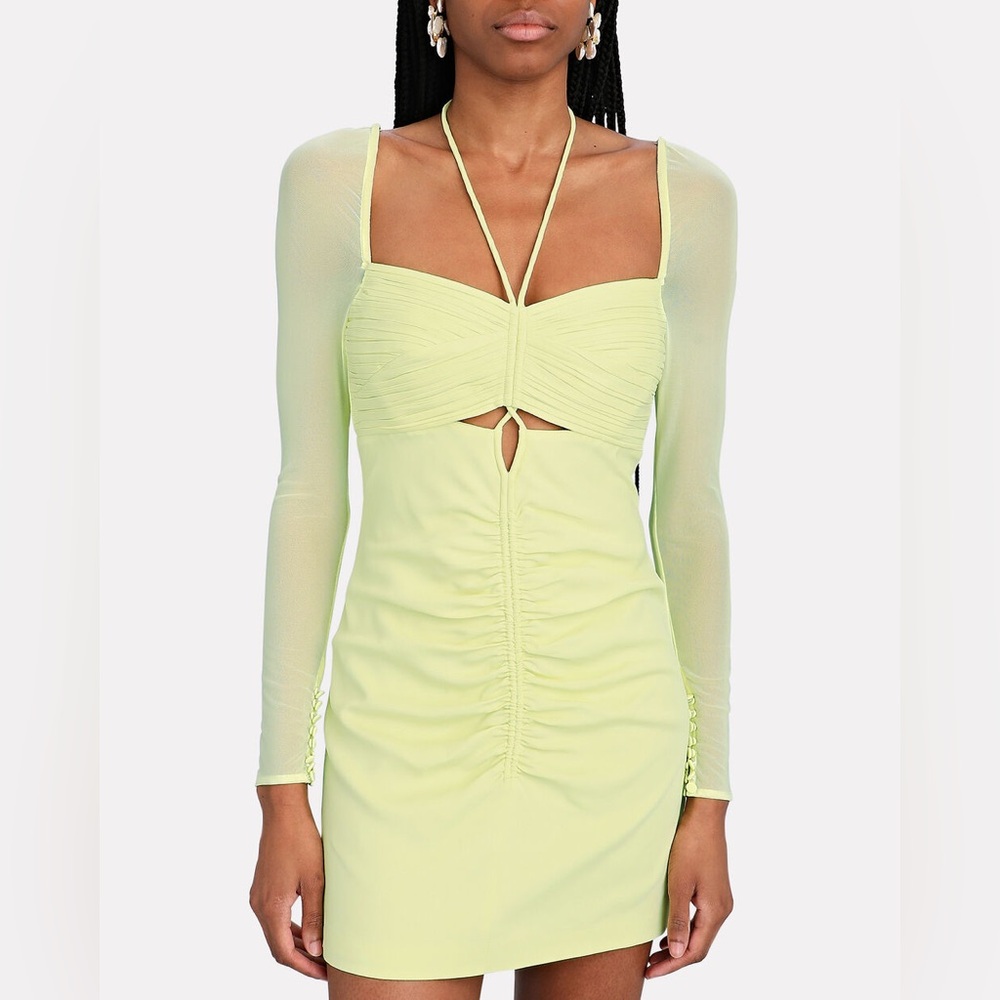 Self-Portrait Cutout ruched stretch-crepe mini dress Chartreuse